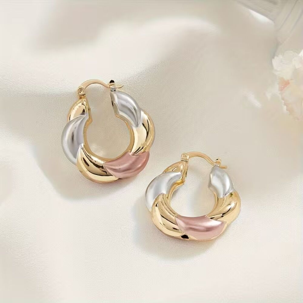 14K Gold Plated Tri-Color Twist Hoop Earrings Silver Rose Gold Secure Lghtwt